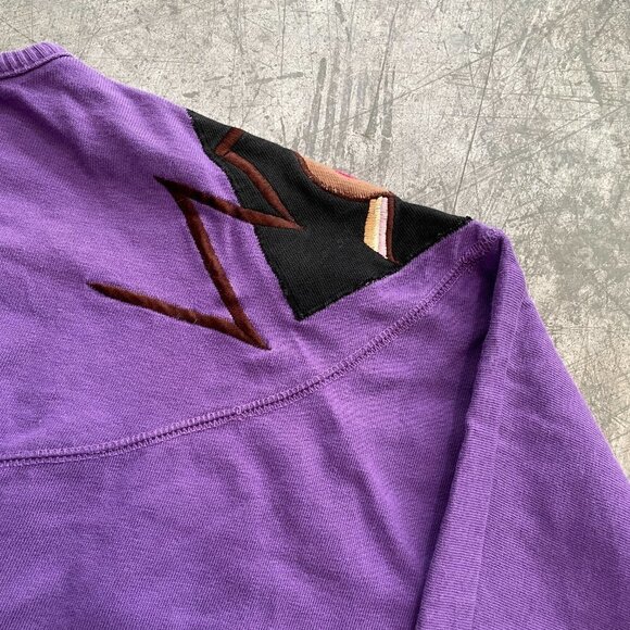 Vintage 80s Embroidered Geometric Patch Graphic Long Sleeve Shirt Purple S/M - Picture 9 of 12